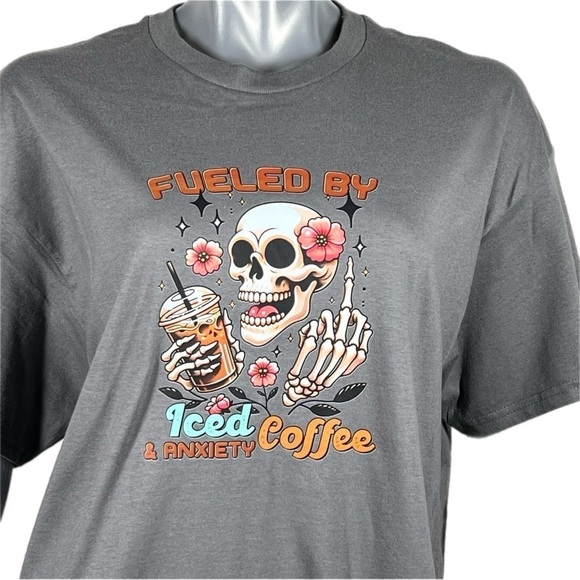 Charcoal Grey Short Sleeve Graphic T ‘Fuel by Iced Coffee & Anxiety’ with Skull - Picture 3 of 10